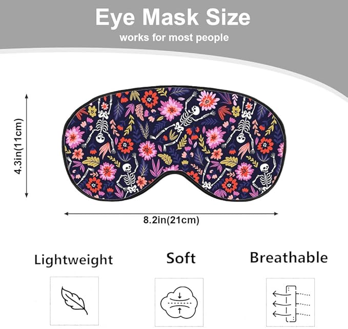 Dancing Skeletons Eye Mask Sleeping Mask Garden Flower Leaves Dead Halloween Sleep Masks Silky Soft Eye Cover for Women Men Shading Blindfold for Air Travel Sleeping