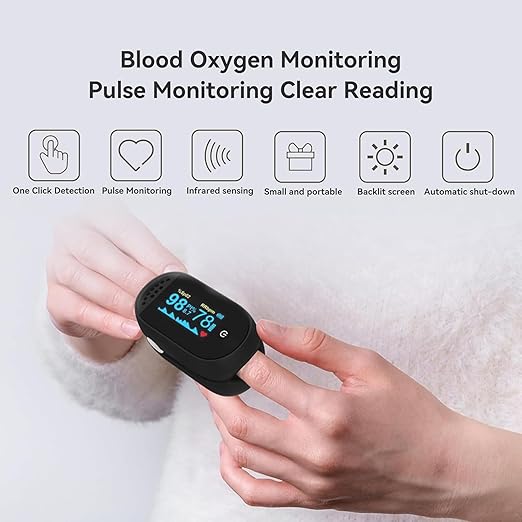 ACMC Oximeter, Features Oximeter with Alarm, Fingertip Pulse Oximeter with Alarm, Features Alarm & OLED Large Screen & Lanyard Black