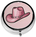 Metal Pill Organizer - 3-Compartment Mini Round Pill Case for Pocket & Purse, Portable Vitamin Holder, Easy-Open Design for Travel - Pink Cowboy Hat