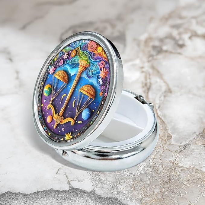 Portable Round 3 Compartment Metal Pill Box Fair Libra Zodiac Print Decor for Kitchen Office Coffee Breaks Health Tracking