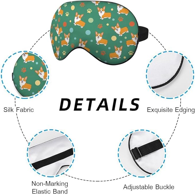 Funny Dog Sleep Mask Eye Mask Corgi Cute Puppies Cartoon Pet Animal Green Sleep Mask Light Blocking Adjustable Smooth Soft Eye Masks for Women Deep Rest Travel