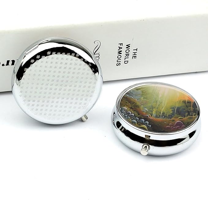 Artwork Pill Box 3 Compartment Small Pill Case Portable Pill Box for Pocket Or Purse Round Metal Pill Box Cute Medicine Organizer Holder to Hold Vitamins Medication