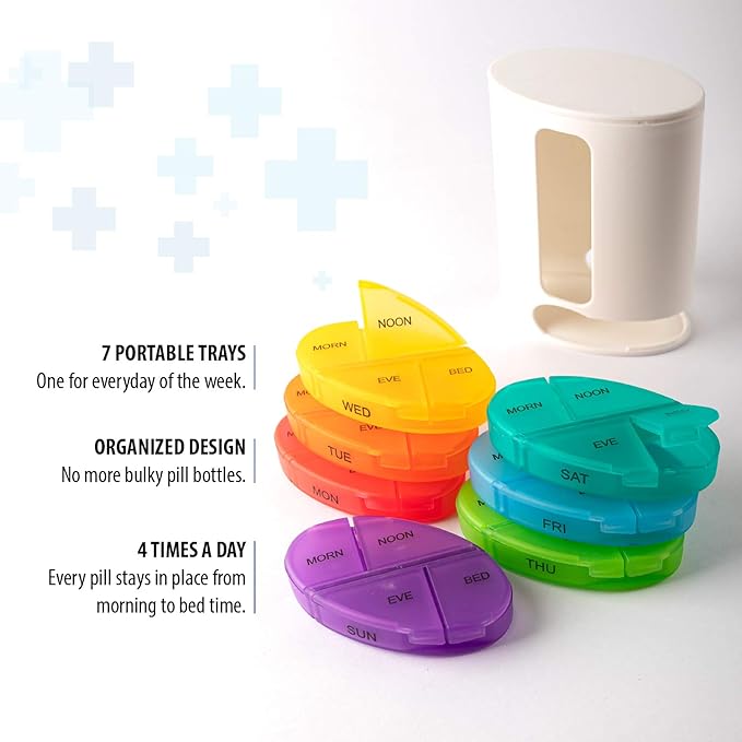 Deke Home - Stackable Pill Organizer, 4 Times a Day Weekly Pill Box, 7 Day Medicine Dispenser, Pill Container for Vitamin, Supplement, Durable Hard Case, Secure Closure, BPA Free, Easy to Clean.