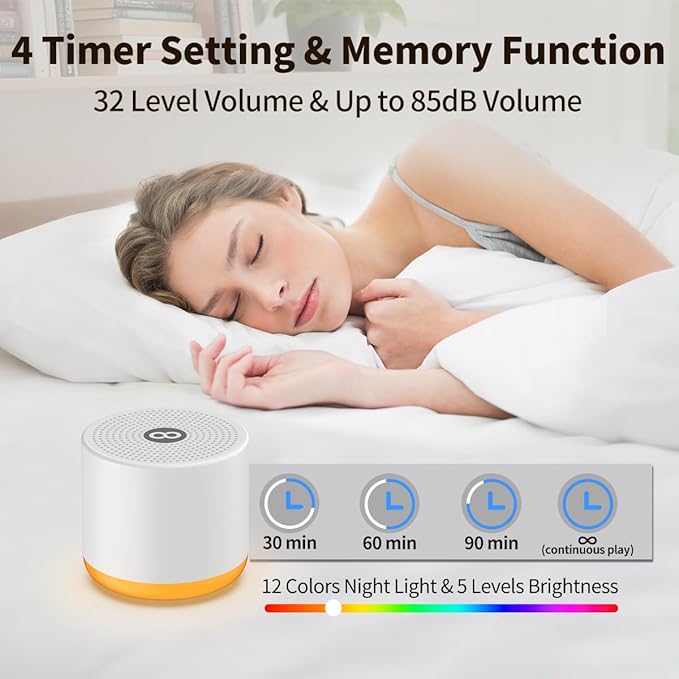 Portable White Noise Machine Mini Sound Machine with Light 30 Soothing Sounds Rechargeable for Adults Baby Kids Sleep Brown Noise Machine with Memory Function 4 Timers for Travel Camping Home Office