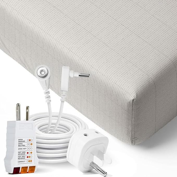Organic Grounding Bed Sheet Kit – Fitted Earthing Sheet (95% Cotton, 5% Silver Fiber) with 15ft Cord, Safety Outlet Tester & Conductivity Pen – by TerraTouch (Desert Ivory, Twin)