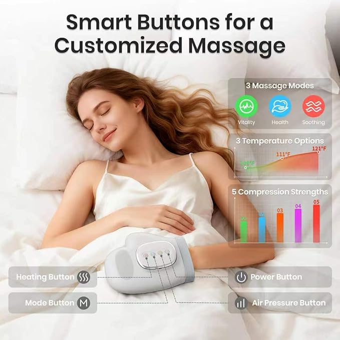 Cordless Hand Massager with Heat and Compression, Electric Hand Massager for Arthritis and Carpal Tunnel Relief, 3 Modes 3 Heat Levels 5 Compression Settings Hand Massage, Ideal Gifts for Women/Men