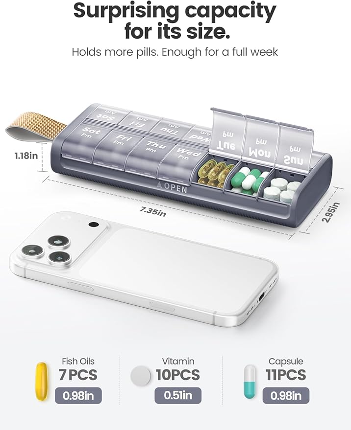 AM PM Pill Organizer 7 Day, 2 Times a Day Weekly Pill Box with Moisture-Proof Desiccant, Compact Easy-Open Medicine Case for Vitamins, Supplement