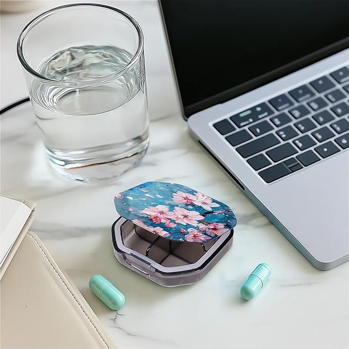 This Watercolor Style Cherry Blossom Tree Pattern 4 Compartment Pill Box Compartmentalized Pill Box Can Be Placed in A Pocket Or Wallet to Store Vitamins, Medicines Other Medications.
