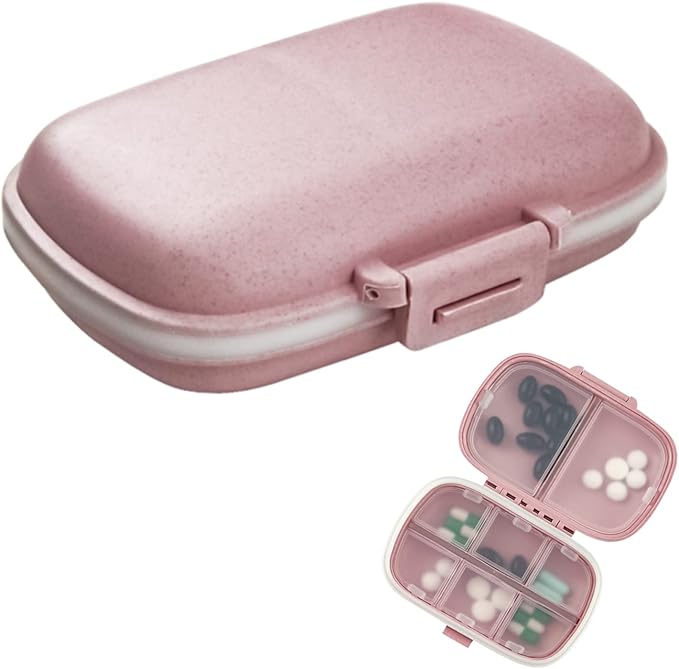 1Pack Travel Pill Organizer, 8 Compartments Portable Pill Case, Small Pill Box for Pocket Purse Portable Medicine Vitamin Container Pink