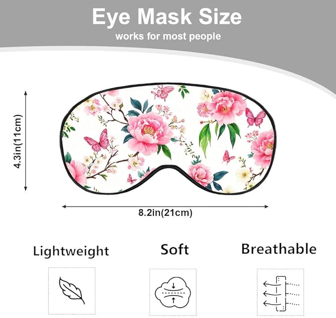 Pink Cherry Eye Mask Sleeping Mask Flower Peony Plum Branches Flying Butterflies Sleep Masks Silky Soft Eye Cover for Women Men Shading Blindfold for Air Travel Sleeping