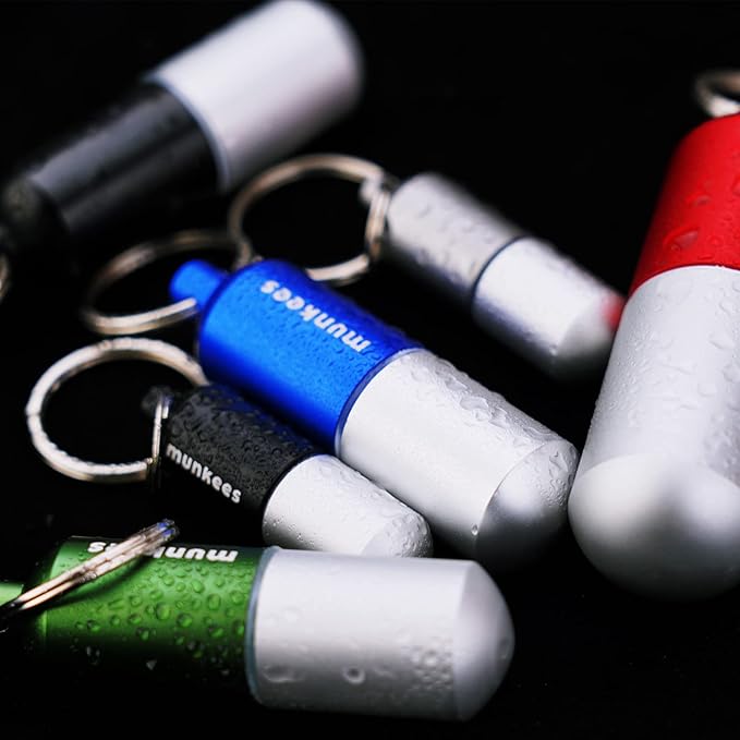 munkees Portable Pill Case Small Waterproof Capsules EDC Keychain, Travel Pill Bottle for Camping, Hiking, Backpacking, Compact Valuables Container for Outdoors 2-Pack