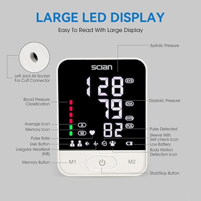 Scian Blood Pressure Monitors for Home Use, Automatic Blood Pressure Cuff Arm Digital BP Machine with Large LED Backlit Display, Voice Broadcasting, 2 Users 200 Memory (Black)