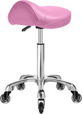 Saddle Stool with wheels Ergonomic - Heavy Duty 400lbs, Upgraded Thick Saddle Cushion, Healthy Posture Correction, Swivel Adjustable Rolling Saddle Stool, Saddle Chair for Salon Massage Home (Pink)