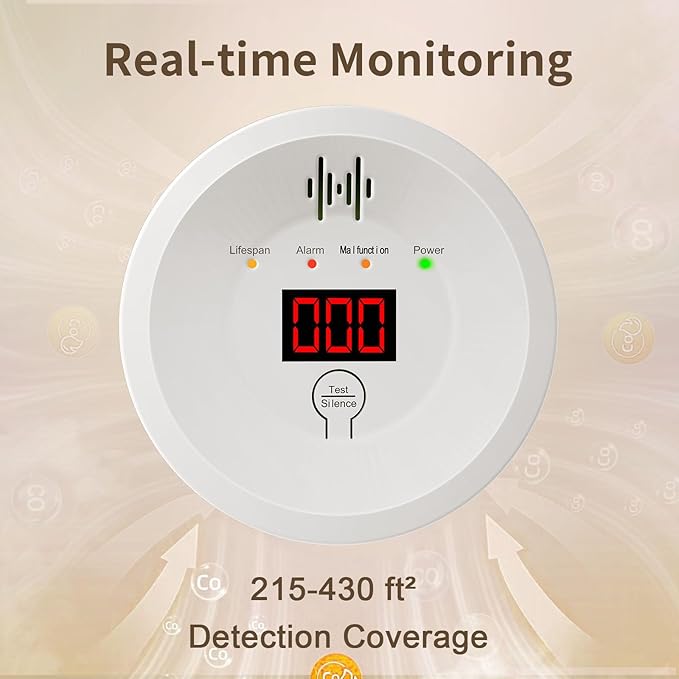 Carbon Monoxide Detectors 90dB Alarm, CO Detector Battery Powered(Not Include), 10-Year Lifespan Carbon Monoxide Alarm with LCD Display for Travel, Home, Kitchen, JA-997, 2 Packs