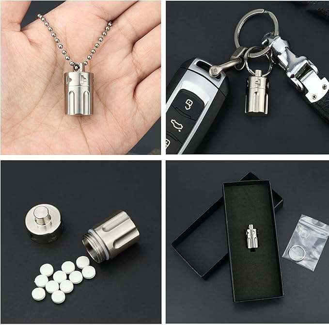 Titanium Pill Fob Necklace, Mini Waterproof Pill Case, Outdoor EDC Pill Bottle, Emergency Aspirin Nitro Holder, Survival Pill Container Capsule for Travel Purse or Pocket