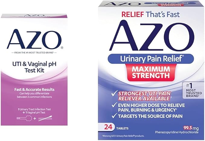 AZO UTI Test Strip + Vaginal pH Test Kit + Urinary Pain Relief Maximum Strength Tablets, Fast Relief from #1 Most Trusted Brand