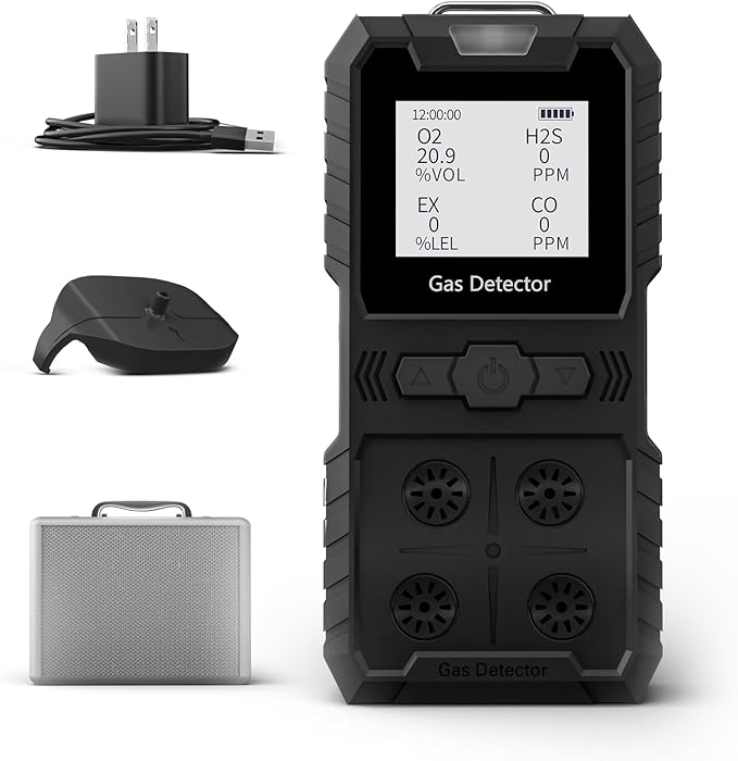 Portable 4 Gas Monitor Multi Gas Detector，Portable Gas Detector Rechargeable 4 Gas Monitor Ex H2s Co O2 with LCD Display Sound Light Shock confined Space air Monitor (Black)