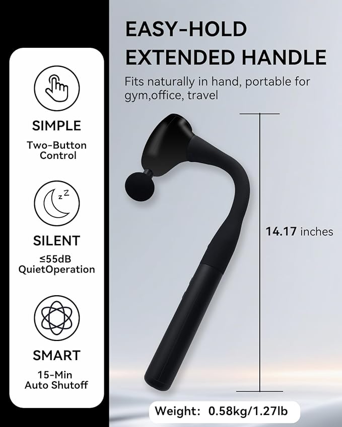 Massage Gun with Extended Handle, Upgraded U-Shaped Back Massager, Reaches Hard-to-Access Muscles, 4 Massage Heads & 4 Speed Levels, Body Massager for Back, Waist, Neck, Shoulder, Leg, Black