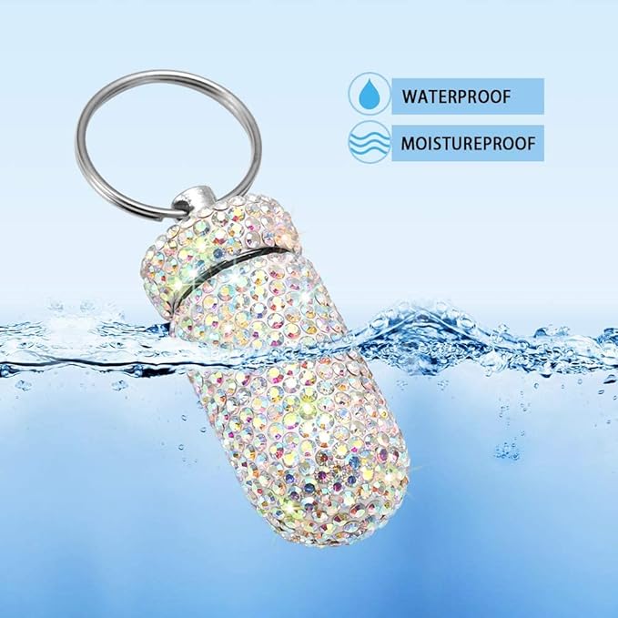 Portable Pill Case Pill Container Waterproof Pill Holder with Keychain Bling Pill Box Medicine Dispenser Bottle Storage for Outdoor Camping Travel (AB Color)