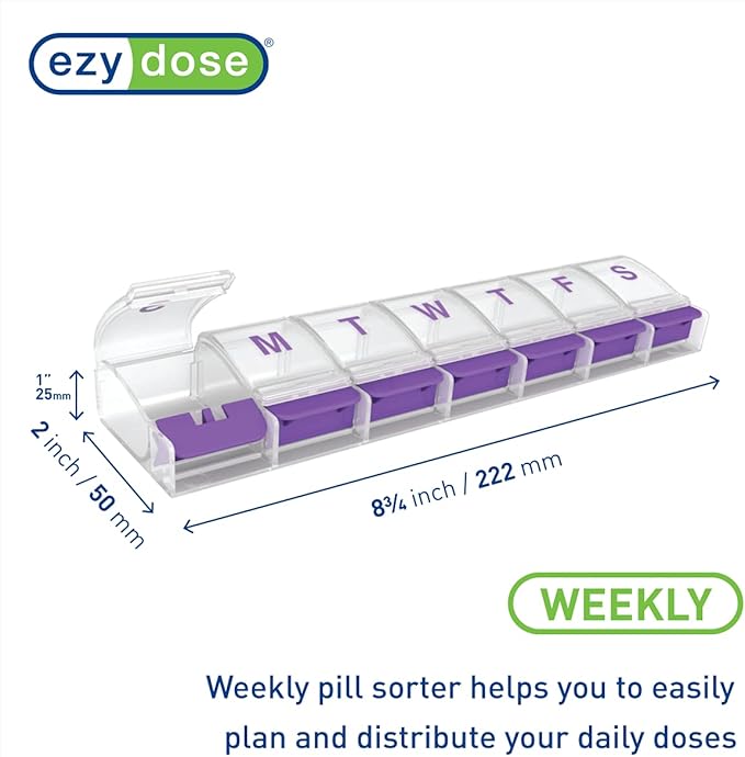 EZY DOSE Weekly (7-Day) Push Button Pill Organizer and Planner, Arthritis Friendly, X-Large, Clear Lids, Purple (67571PAMT) (Pack of 2)