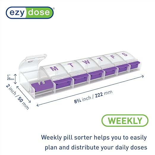 EZY DOSE Weekly (7-Day) Pill Case, Medicine Planner, Daily Vitamin Organizer Box, X-Large Push-Button Compartments, Convenient and Easy to Use, Arthritis Friendly, Clear Lids, Color May Vary, BPA Free