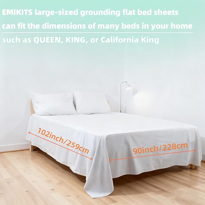 Grounding Sheets 90"x102" for Queen King Full CALI-King, Upgraded 10% Conductive Silver Fiber, 90% Organic Cotton for Improved Sleep, Square Grid White Grounded Bed Flat Sheet