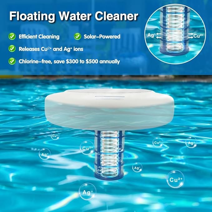 Solar Pool Ionizer – Floating Sun-Powered Water Clarifier with Heavy-Duty Copper Anode & Large Solar Panel, for Pools Up to 45,000 Gallons