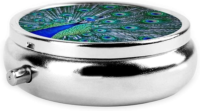 Men Women Round Pill Box Medicine Pill Case, Peacock Feather with Eye Birds Portable Medicine Tablet Vitamin Holder Organizer for Purse Pocket Travel Gift