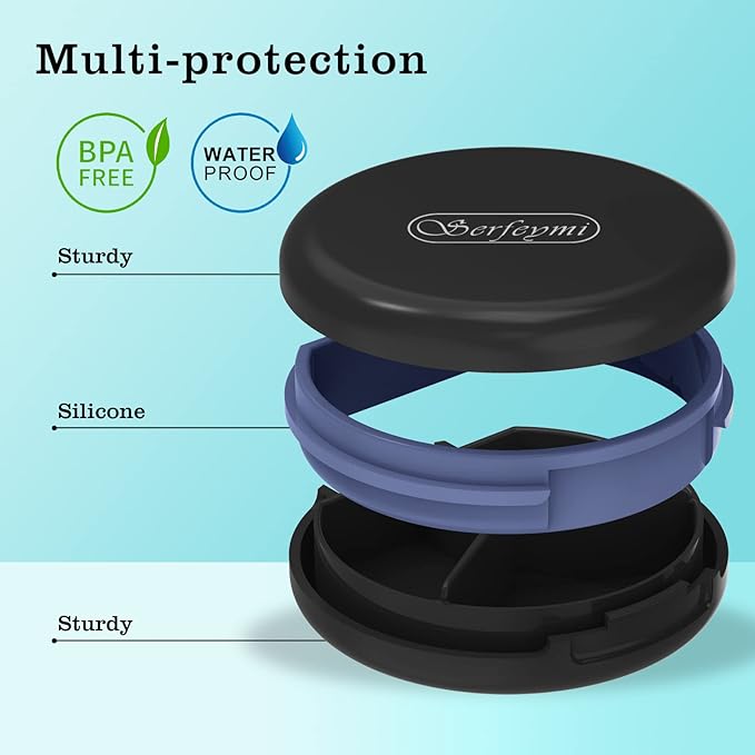 Serfeymi Small Pill Case for Purse, Unique Artistic Patterns Travel Pill Box with 4 Compartments, Portable Mini Pill Organizer for Pocket, Decorative Pill Container for Purse - Black(Logo)