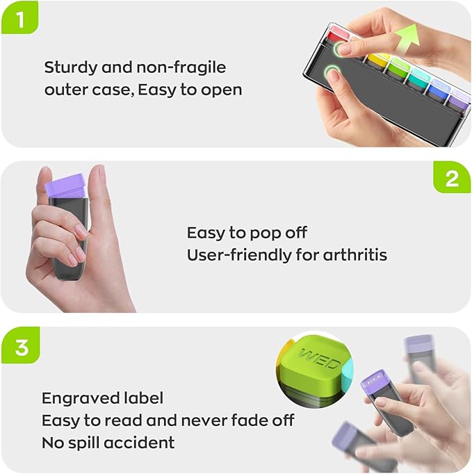 Weekly Pill Organizer 1 Time a Day, HIONXMGA Portable Detachable Travel Pill Box 7 Day, Large Once Daily Pill Holder Case, Color-Coded Dispenser for Vitamin Medicine Supplement Fish Oil, Clear