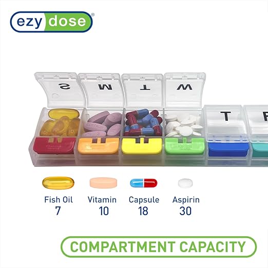 EZY DOSE Weekly (7-Day) Pill Case, Medicine Planner, Daily Vitamin Organizer Box, X-Large Push-Button Compartments, Convenient and Easy to Use, Arthritis Friendly, Clear Lids, Rainbow, BPA Free