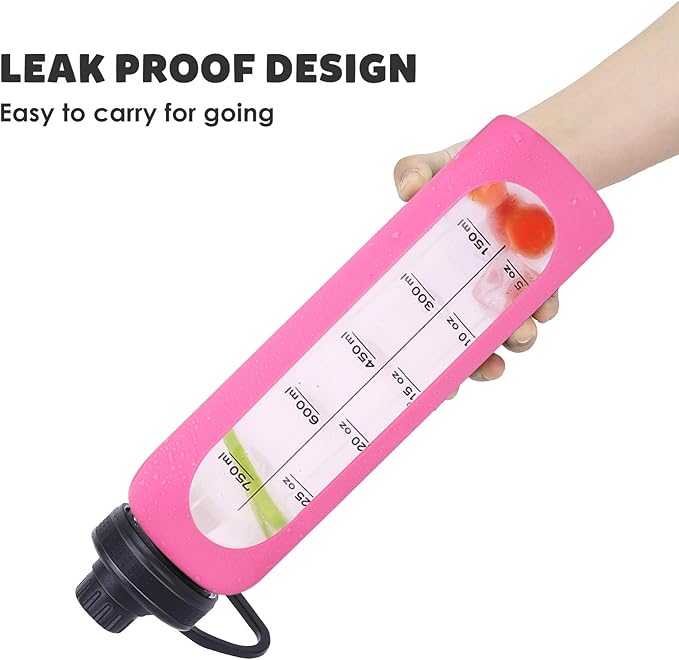 GIEMIT Glass Water Bottles 32oz with Silicone Sleeve Drinking Hydration Bottles Reusable Borosilicate Wide Mouth Motivational Water Flask Canteen with Time Marker Spout Lid and Brush (Rose Red-32 oz)