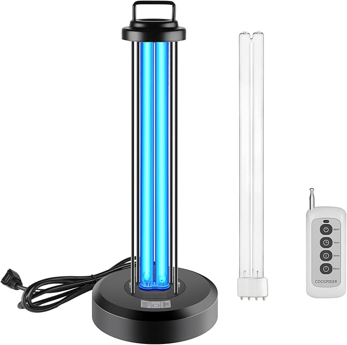 38W UV Light with 1 Spare Bulb, UVC Lamp with Remote Control for Home,Office School,Hotel.Portable Lamp,3-Gear Timer 15/30/60 Minutes 110V Ozone Free