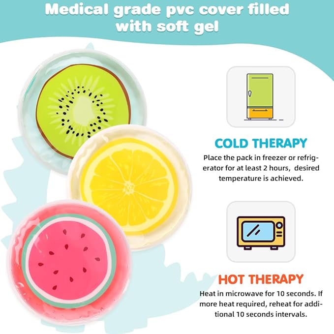 Hilph Kid Ice Packs, Reusable Boo Boo Ice Packs for Kids & Toddlers & Baby Injuries, Hot Cold Compress for Body Pain Relief, Bumps & Bruises, Toothache, Fever, 4.5 Inch, 3 Packs, Fruit