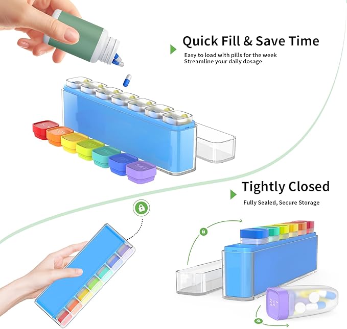 Weekly Pill Organizer 1 Time a Day, HIONXMGA Portable Detachable Travel Pill Box 7 Day, Large Once Daily Pill Holder Case, Color-Coded Dispenser for Vitamin Medicine Supplement Fish Oil, Blue