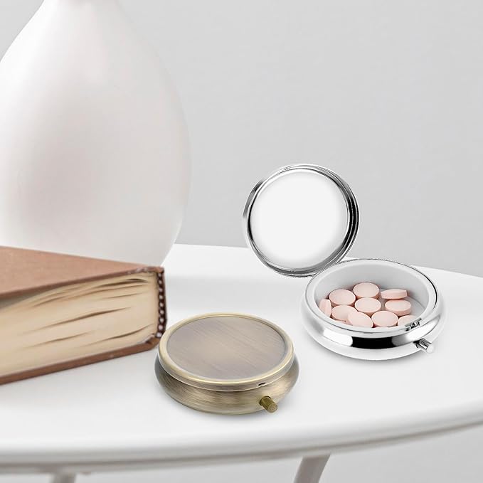 2Pcs Pill Box Small Pill Case for Purse or Pocket, Portable Cute Pill Container Metal Pill Box Decorative Medicine, Vitamin, Fish Oil and Supplements Holder Organizer