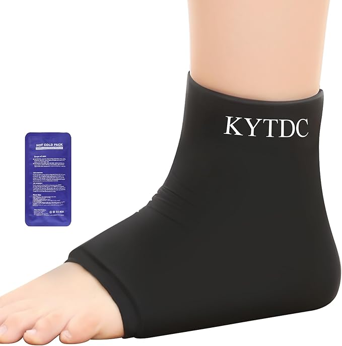 Ankle Ice Pack Wrap Reusable Gel Cold Compression Sleeve for Swelling, Sprained Ankle, Achilles Tendonitis & Plantar Fasciitis Relief （Black+Cold Ice Pack，Large）