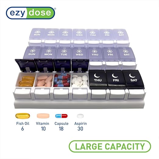 EZY DOSE Weekly (7-Day) Pill Case, Daily Medicine Planner, Vitamin Organizer Container, Large Push Button Compartments, Easy to Use, 3 Times a Day, Spring Open Design, Grayscale Lids, BPA Free