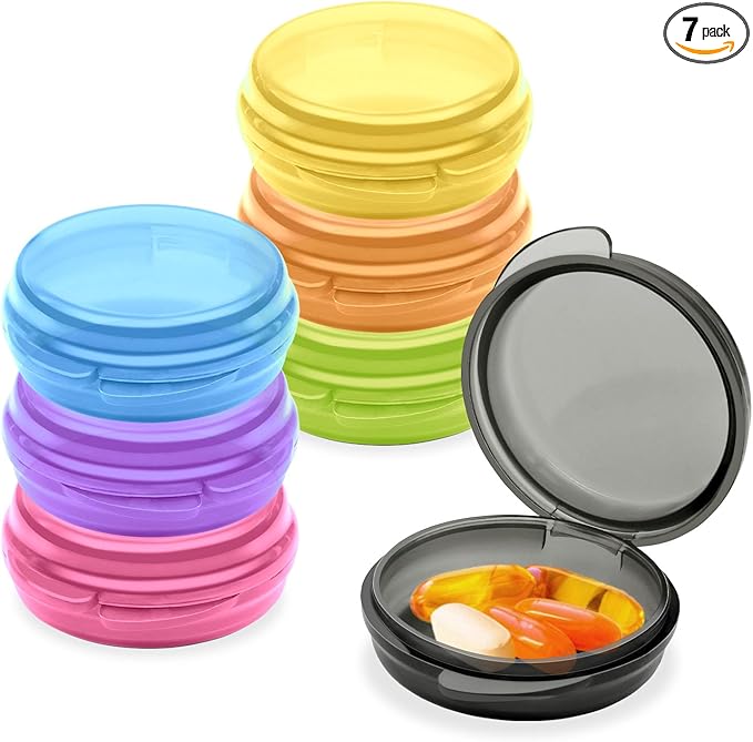 7Pcs Small Pill Box,Daily Pill Organizer Portable Travel Pill Box for Purse Pocket Mini Medicine Storage Container for Storing Fish Oil,Pills,and Vitamin Tablets(7 Colors)