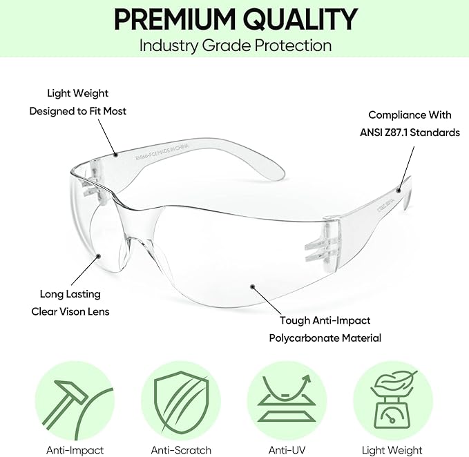 TICONN Clear Safety Glasses for Men and Women, Safety Goggles with Scratch Impact Resistant Meets ANSI Z87.1 Standard