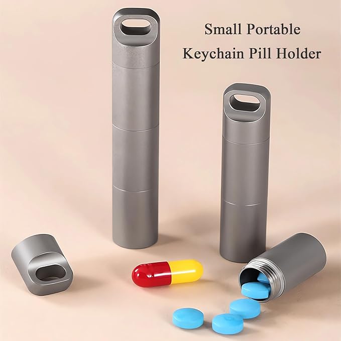 Small Keychain Pill Holder,304 Stainless Steel Portable Pill Case Organizer for Travel,Waterproof Pocket Pill Container Medicine Box for Purse Men (Mini Pill Case), Silver