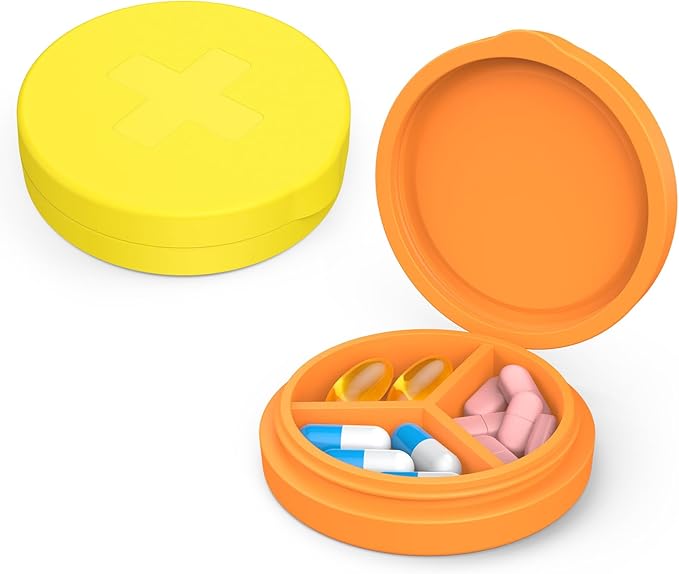 2 Pack Small Pill Box,Premium Thick Silicone 3 Compartment Travel Pill Box for Home/Desk Organizer, Portable Compact Medicine Holder for Vitamin, Cod Liver Oil, Supplement(Orange+Yellow)