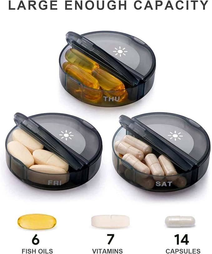 Weekly Pill Organizer 2 Times a Day，Pill Cases Organizers 7 Day，Round Mini Travelling Moisture Resistant 14 Compartment, Pill Box to Organize Pills/Vitamins/Fish Oil/Health Supplements(Black)