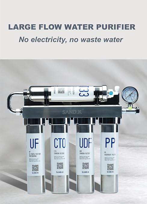 Stainless Steel Water Filter for Sink,0.01μm Ultra-Filtration Under Sink Water Filter System, Reduces PFAS, PFOA/PFOS, Fluoride, Chlorine, Bad Taste & Odor, Tankless 5-Stage with Faucet