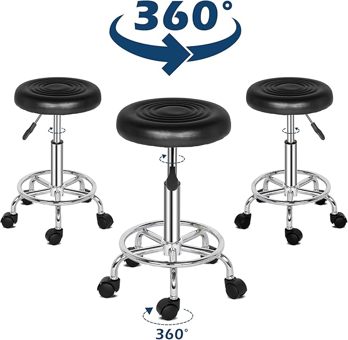 Round Rolling Bar Stool PU Leather with Wheels and Foot Rest, Height Adjustable Task Work Drafting Chair with Back for Salon Spa Tattoo Facial Medical Office Chairs (Black)