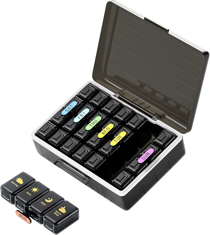 Weekly Pill Organizer 4 Times a Day, Large Compartments Pill Box 4X 7 Day, Medicine Organizer Pill Case for Pills/Vitamins/Fish Oils/Medication/Supplements (4x7 Black)