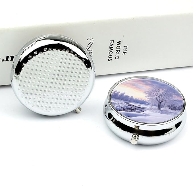 Winter Landscape Pill Box Travel Pill Case for Purse Pocket Weekly Medicine Organizer with Mirror 3 Compartment Round Medicine Case Portable PillcaseHolder for Daily