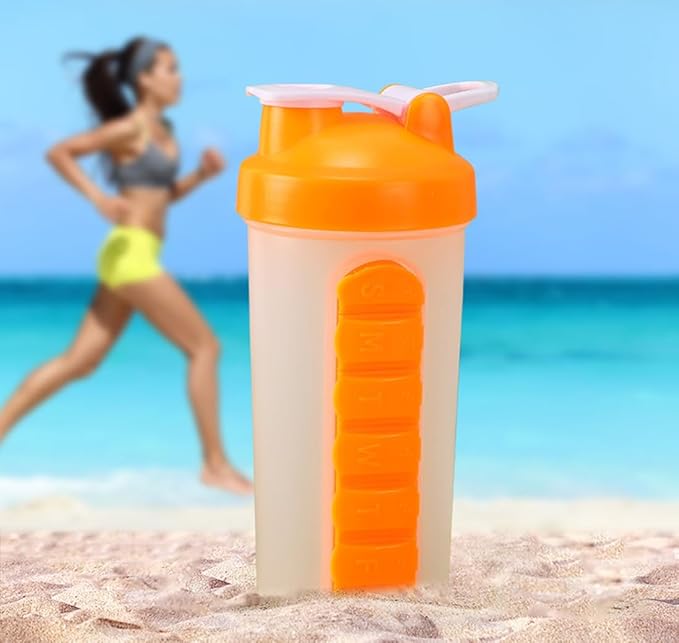 2-in-1 Water Bottle and Pill Organizer, 600ml Capacity, 7 Compartments outdoor capsule cup medicine box dispenser (Shaking Cup Orange)