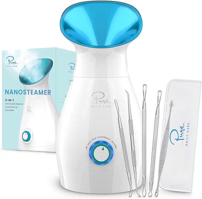 Pure Daily Care NanoSteamer Large 3-in-1 Nano Ionic Facial Steamer with Precise Temp Control - Humidifier - Unclogs Pores - Blackheads - Spa Quality - Bonus 5 Piece Stainless Steel Skin Kit (Teal)
