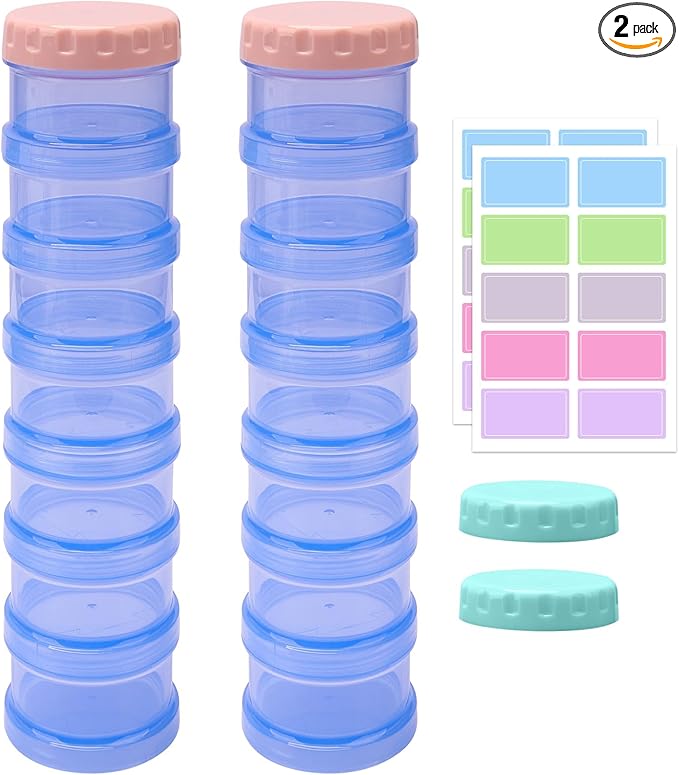 2 Pack 7 Day Pill Organizer Case Stackable Weekly Supplements Vitamins Pills Holder Dispenser Large Translucent Blue with Extra Lid